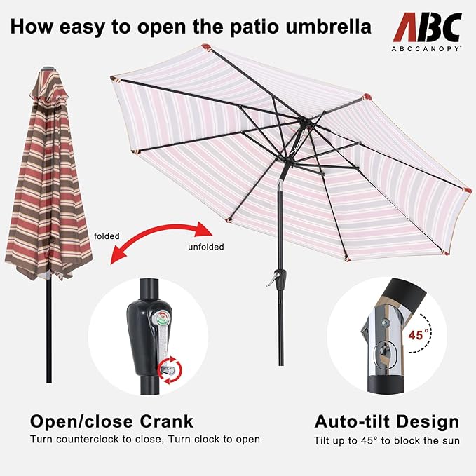 ABCCANOPY 9FT Patio Umbrella - Outdoor Waterproof Table Umbrella with Push Button Tilt and Crank, 8 Ribs UV Protection Pool Umbrella for Garden, Lawn, Deck & Backyard (Red Stripe)