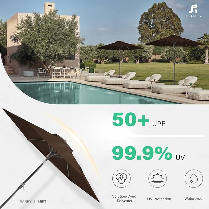 JEAREY 7.5FT Patio Umbrella Market Table Umbrella with 6 Sturdy Ribs, Push Button Tilt/Crank Outdoor Umbrella for Garden, Deck, Backyard, Pool and Beach,Brown