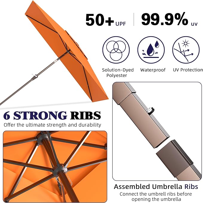6.6x10ft Rectangular Patio Umbrella, 2 Tiers Outdoor Table Umbrellas with Push Button Tilt and Crank for Patio, Pool, Backyard, Deck, Picnic, Yard (Orange)