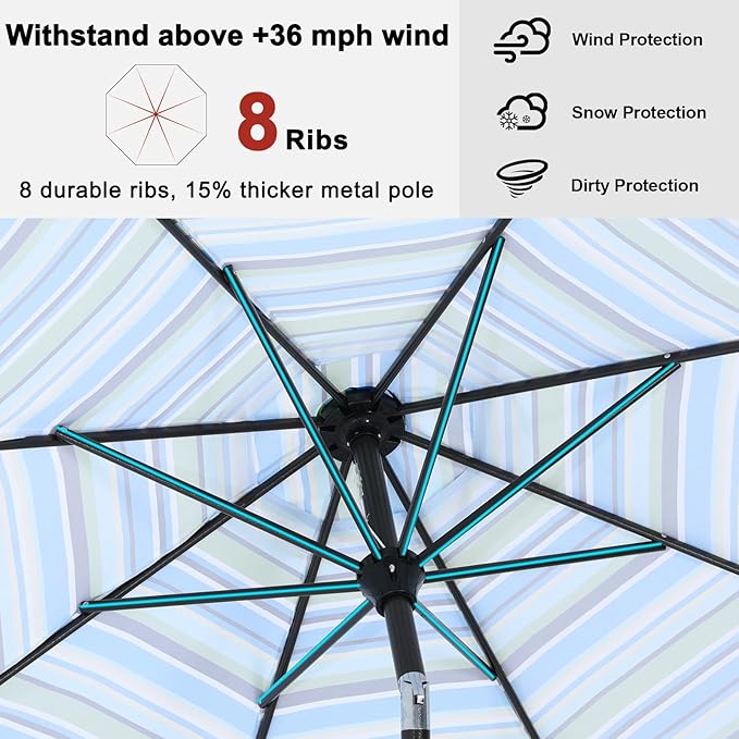 ABCCANOPY 9FT Patio Umbrella - Outdoor Waterproof Table Umbrella with Push Button Tilt and Crank, 8 Ribs UV Protection Pool Umbrella for Garden, Lawn, Deck & Backyard (Blue Green Stripes)