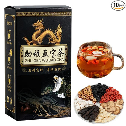 SIRDIKA Ginseng Five Treasures Kidney Tea, Zhu Gen Wu Bao Cha, Wubao - Chinese Herbal Men's Tea (10 Bags/1 Box)