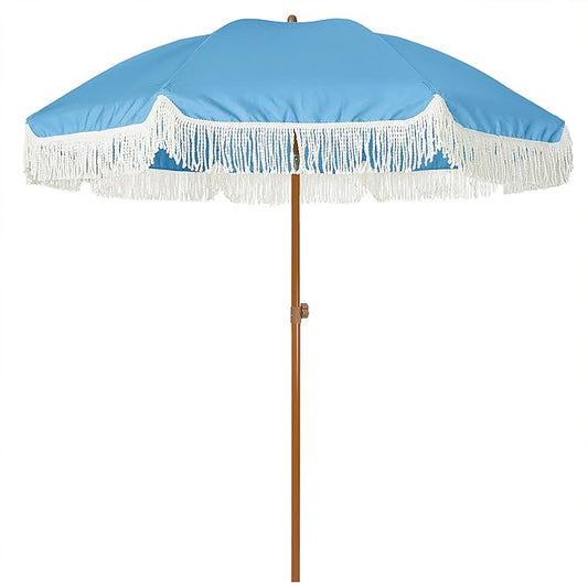 AMMSUN 7ft Patio Umbrella with Fringe Outdoor Tassel Umbrella UPF50+ Premium Steel Pole and Ribs Push Button Tilt, Sky Blue