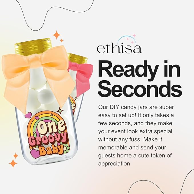 Small 12 Pack One Groovy Baby Party Favors - DIY Candy Jars with Ribbons and Stickers - Funky Party Decoration Bottles for 1st Birthday Bash for Boy or Girl - Retro Hippie Table Centerpieces