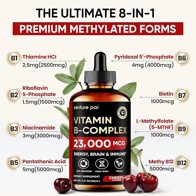 Venture Pal Vitamin B Complex with 11-in-1 Formula for Men & Women, B12 Methylcobalamin | B9 Folic | B1,B2,B3,B5,B6,B7- Vitamin C, Choline,Inositol-Immune & Energy Metabolism, Brain & Heart Support
