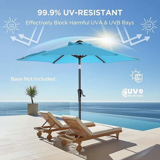 7.5ft Outdoor Patio Umbrella - Market Table Pool Deck Umbrella UPF50+ UV Protection with Push Button Tilt, Crank and 6 Sturdy Ribs (Light Blue, No base)