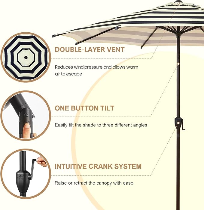 Abba Patio 9FT Lyon Outdoor Patio Umbrella Outdoor Table Umbrella with Push Button Tilt and Crank Market Umbrella 8 Sturdy Ribs UV Protection Waterproof for Garden Deck Backyard Pool, Stripe
