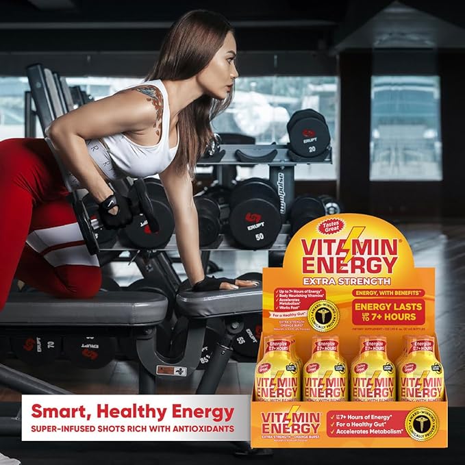 Vitamin Energy Immune+ Extra Strength Energy Shot – Orange Burst – 100% DV B-Vitamins & 260mg Caffeine – Zero Calories, Sugar-Free, Vegan, – Immunity & Energy Support – 1.93 fl oz, 12-Pack