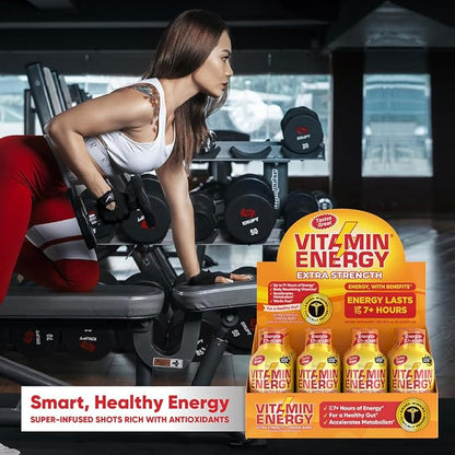 Vitamin Energy Immune+ Extra Strength Energy Shot – Orange Burst – 100% DV B-Vitamins & 260mg Caffeine – Zero Calories, Sugar-Free, Vegan, – Immunity & Energy Support – 1.93 fl oz, 12-Pack