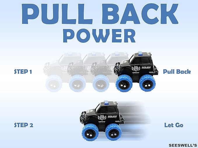 Pull Back Die-cast Alloy City Police Car Vehicles Playset, Monster Truck,Friction Powered Toy Cars,4 Pack,Toys for 3+ Years Old Kids,Christmas/Birthday Gift for Boys & Girls,Party Favors…