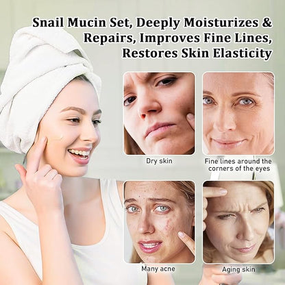 Snail Mucin Skin Care Set For Women, 4 PCS Advanced Snail Mucin Routine Kit For Girls, Skin Care Gift Set With Face Cleanser, Serum, Face Cream, Eye Cream, Moisturizing, Repairing, Anti Aging.