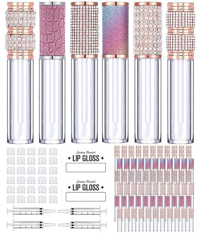 AMORIX 72pcs 5ml Diamond Lip Gloss Tubes with Wand Lipgloss Tubes Bulk Empty Rhinestone Lip Gloss Containers Bottles Crystal Lip Gloss Supplies Kit, 4 x Syringes + Labels for DIY Lip Gloss Base
