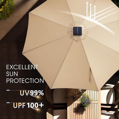wikiwiki 11ft Solar Led Patio Umbrella, Sturdy Outdoor Market Umbrella for Deck, Pool, Garden w/Tilt, Crank, 32 LED Lights, Beige