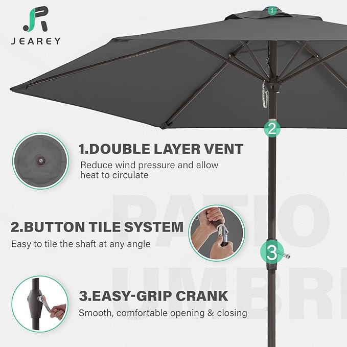 JEAREY 7.5FT Patio Umbrella Market Table Umbrella with 6 Sturdy Ribs, Push Button Tilt/Crank Outdoor Umbrella for Garden, Deck, Backyard, Pool and Beach,Gray