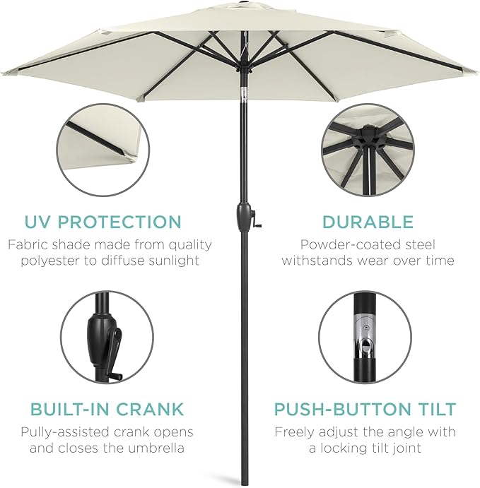 Best Choice Products 7.5ft Heavy-Duty Round Outdoor Market Table Patio Umbrella w/Steel Pole, Push Button Tilt, Easy Crank Lift - Ivory