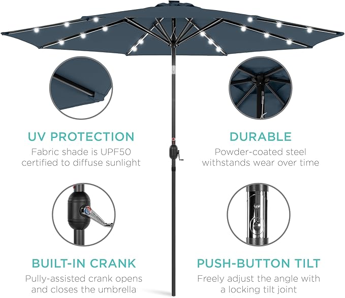 Best Choice Products 10ft Solar Polyester LED Lighted Patio Umbrella w/Tilt Adjustment and UV-Resistant Fabric - Slate Blue