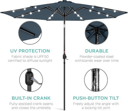 Best Choice Products 10ft Solar Polyester LED Lighted Patio Umbrella w/Tilt Adjustment and UV-Resistant Fabric - Slate Blue