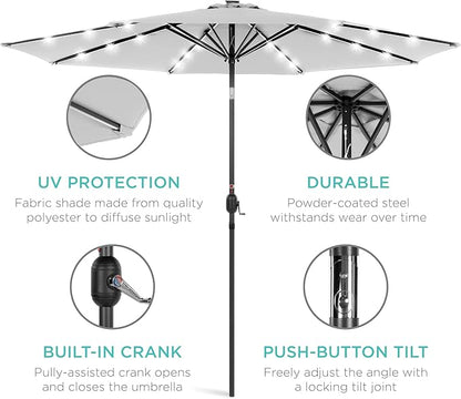 Best Choice Products 10ft Solar Polyester LED Lighted Patio Umbrella w/Tilt Adjustment and UV-Resistant Fabric - Fog Gray