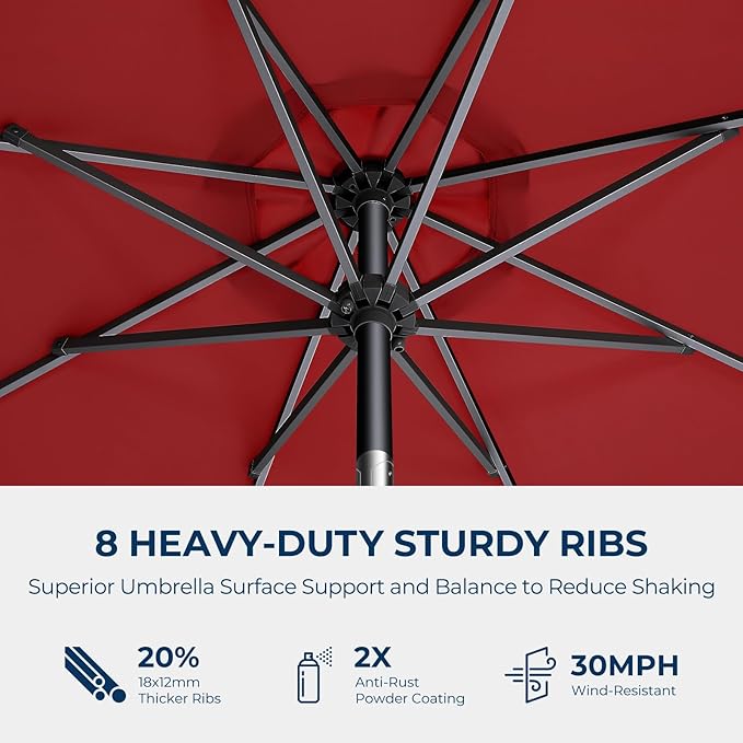 9ft Outdoor Patio Umbrella - Market Table Pool Deck Umbrella UPF50+ UV Protection with Push Button Tilt, Crank and 8 Sturdy Ribs (Red, No base)
