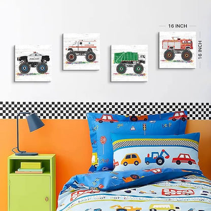 Monster Truck Wall Decor for Boys Room Cartoon Car Wall Art for Kids Room Nursery Watercolor Garbage Firetruck Ambulance Police Canvas Print Painting Vehicles Picture Artwork Home Decoration 16x16” 4P
