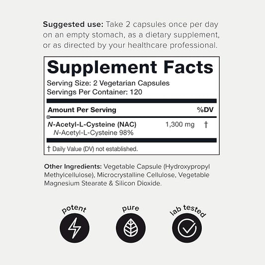 Toniiq 1300mg NAC - 4 Month Supply - Min. 98%+ Tested Purity - Ultra High Strength Bioavailable NAC Cysteine Supplement - 240 Vegetarian N Acetyl Cysteine Capsules -Lab Tested TQ