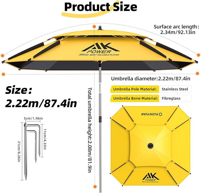 Patio Umbrella with Exclusive Black Coating, 7.2ft/7.8ft Heavy-Duty Double-Layer Nylon Canopy, Adjustable Tilt Sun Shade Outdoor Table Umbrella, UV Protection & Carry Bag for Beach, Fishing, Backyard