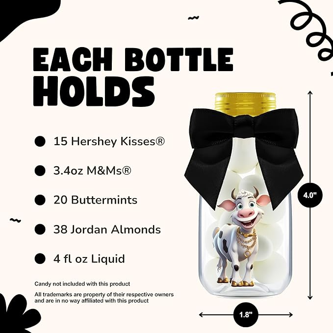 Small 12 Pack Cow Party Favors - DIY Candy Jars with Ribbons and Stickers - Party Decoration Bottles for Birthday, Baby Shower and School Classroom - Holy Cow Print Table Centerpiece for Kids
