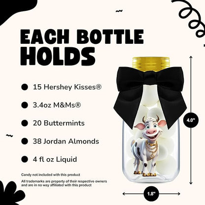 Small 12 Pack Cow Party Favors - DIY Candy Jars with Ribbons and Stickers - Party Decoration Bottles for Birthday, Baby Shower and School Classroom - Holy Cow Print Table Centerpiece for Kids