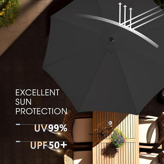 wikiwiki 9 FT Patio Umbrellas Outdoor Table Market Umbrella with Push Button Tilt/Crank,8 Sturdy Ribs, Fade Resistant Waterproof POLYESTER DTY Canopy for Garden, Lawn, Deck, Backyard & Pool, Carbon