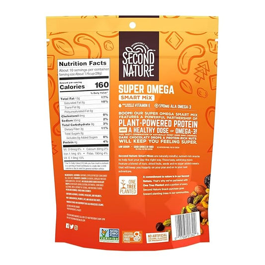 Second Nature Super Omega Smart Mix, Good Source of Antioxidant Vitamin E, Good Source of Fiber, No Artificial Colors, Flavors or Preservatives, Low Sodium, Kosher, Gluten Free & Non-GMO, 10 Ounce (Pack of 6)