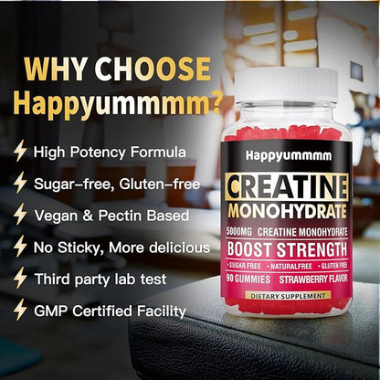Creatine Monohydrate Gummies for Men & Women-5g of Creatine Monohydrate per Serving - Sugar Free,Vegan, Strawberry Flavor, 180 Count-2pack.