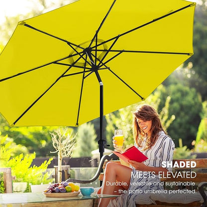 wikiwiki 9 FT Patio Umbrellas Outdoor Table Market Umbrella with Push Button Tilt/Crank, 8 Sturdy Ribs, Fade Resistant Waterproof POLYESTER DTY Canopy for Garden, Lawn, Deck, Backyard & Pool, Yellow
