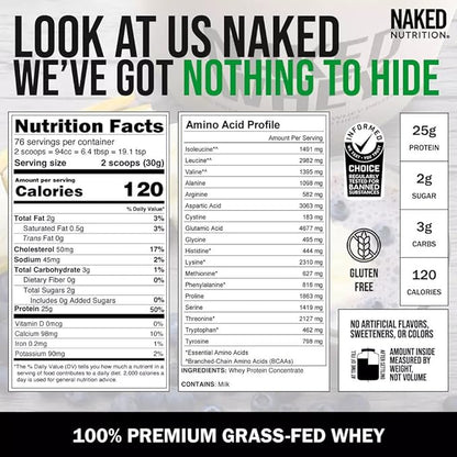 Naked WHEY 5LB 100% Grass Fed Unflavored Whey Protein Powder - Only 1 Ingredient, Undenatured - No GMO, Soy or Gluten - No Preservatives - Promote Muscle Growth and Recovery - 76 Servings