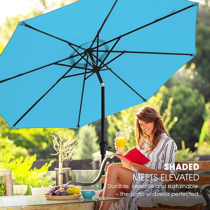 wikiwiki 9 FT Patio Umbrellas Outdoor Table Market Umbrella with Push Button Tilt/Crank, 8 Sturdy Ribs, Fade Resistant Waterproof POLYESTER DTY Canopy for Garden, Lawn, Deck, Backyard & Pool, Sky Blue