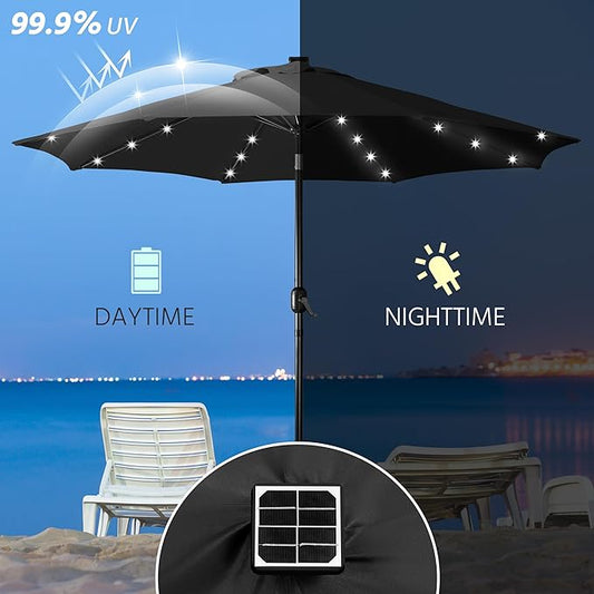 Yaheetech 9FT Solar Patio Umbrella Outdoor Table Market Umbrella w/8 Ribs and 32 LED Lights, Tilt & Crank & UV Protection for Backyard/Deck/Poolside, Black