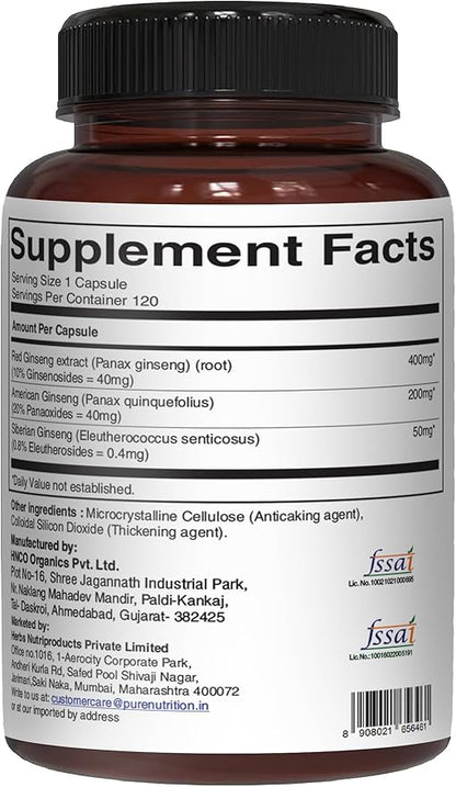 Pure Nutrition Triple Ginseng 650mg | 120 Caps | Complex for Men and Women | Highly Effective Combination of Red, American and Siberian Ginseng. Non GMO