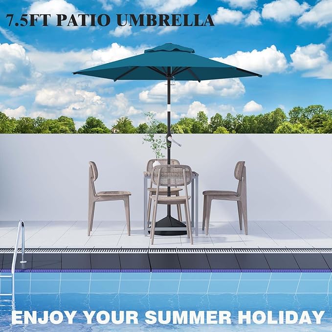 7.5FT Patio Umbrella Table Market Umbrella w/Tilt and Crank Heavy-Duty Round Outdoor Umbrellas for Garden, Deck, Backyard, Pool and Beach, Lake Blue