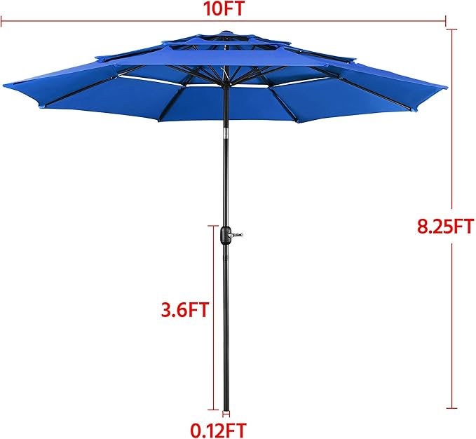 Yaheetech 3 Tier Patio Umbrella 10ft Vented Outdoor Large Market Table Umbrella with 8 Sturdy Ribs and 1.5" Umbrellla Pole, Double-layer Cloth & Push-button Tilting & Crank for Pool/Garden/Lawn Blue