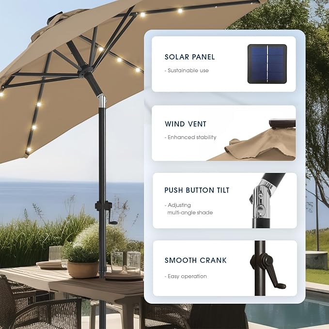 wikiwiki 11ft Solar Led Patio Umbrella, Sturdy Outdoor Market Umbrella for Deck, Pool, Garden w/Tilt, Crank, 32 LED Lights, Tan
