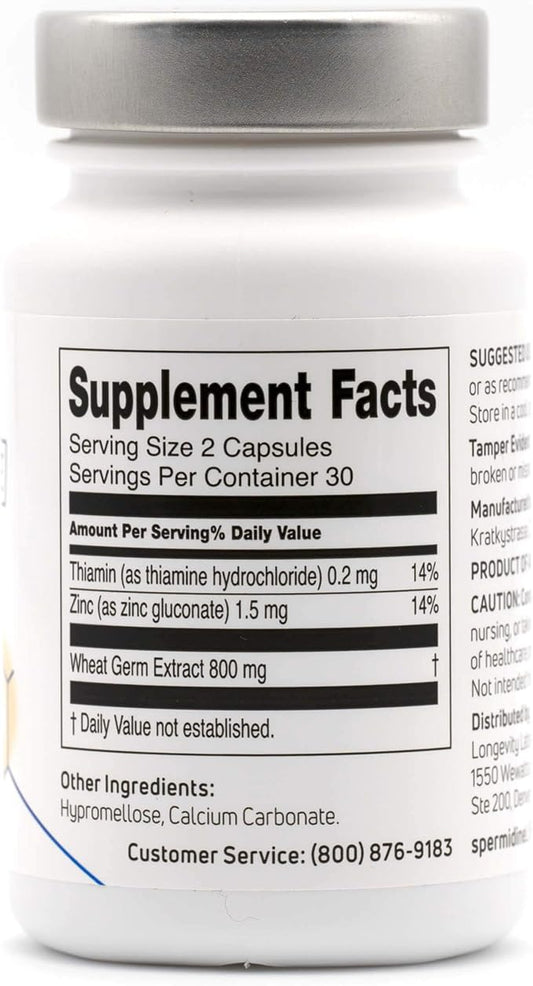 spermidineLIFE Natural Supplement, Plant-Based, Wheat Germ Extract with High Spermidine Content and Zinc for Cell Renewal, Vegan-Friendly, 60 Capsules