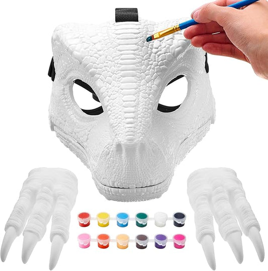 1 Set Hard Plastic Dinosaur Mask with Claws Paints Blank DIY Dino Mask Dinosaur Gifts Furry Therian Dino Costume Party Supplies