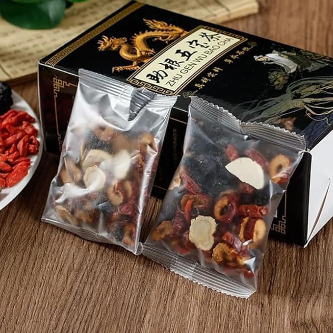 SIRDIKA Ginseng Five Treasures Kidney Tea, Zhu Gen Wu Bao Cha, Wubao - Chinese Herbal Men's Tea (10 Bags/1 Box)