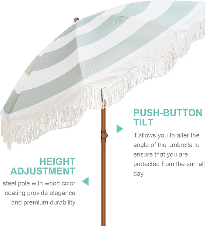 AMMSUN Boho Fringe Umbrella Outdoor Patio, 6.5ft UPF50+ Picnic Umbrella with Tassels with Steel Pole and Push Button Tilt, Vintage Green Stripe