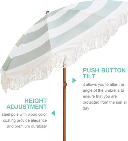 AMMSUN Boho Fringe Umbrella Outdoor Patio, 6.5ft UPF50+ Picnic Umbrella with Tassels with Steel Pole and Push Button Tilt, Vintage Green Stripe