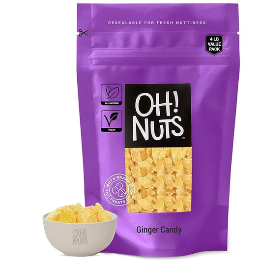 Oh! Nuts Ginger Candy - 4 lb - Dried Fruit Slices - with Crystallized Sugar Candied Coating - Dehydrated Fruit Bites - Packed in New York Zip-Seal Bag for Exceptional Freshness