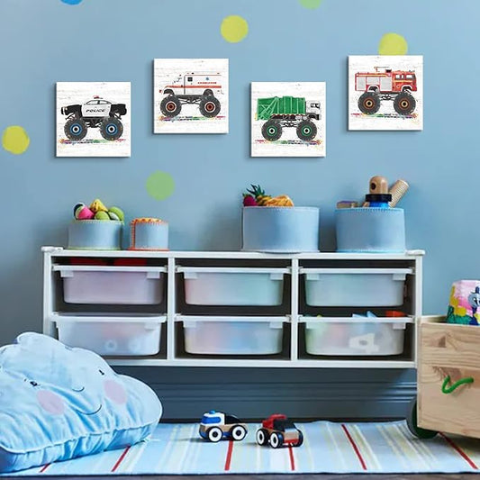 Monster Truck Wall Decor for Boys Room Cartoon Car Wall Art for Kids Room Nursery Watercolor Garbage Firetruck Ambulance Police Canvas Print Painting Vehicles Picture Artwork Home Decoration 16x16” 4P