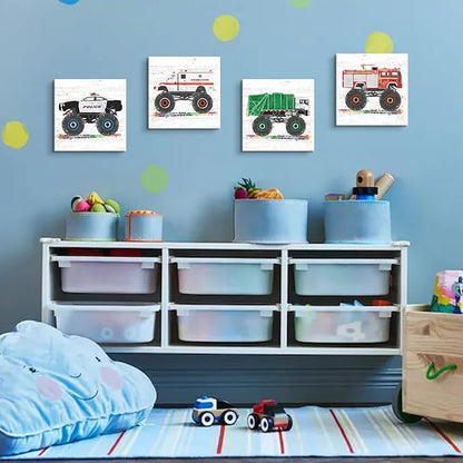 Monster Truck Wall Decor Car Posters for Boys Room Wall Art Cartoon Firetruck Garbage Police Ambulance Vehicle Canvas Pictures Artwork Toddler Room Decor Kids Bedroom Nursery Home Decoration 12×12"