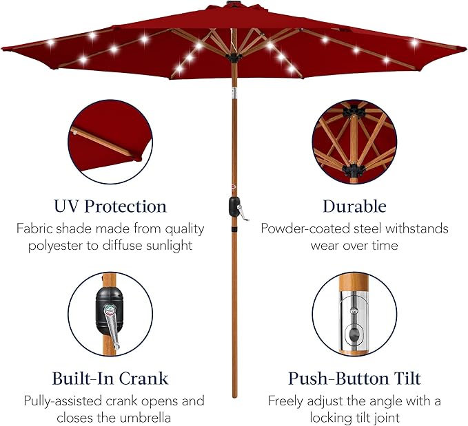 Best Choice Products 10ft Solar Market Patio Umbrella w/Woodgrain Pattern Pole, LED Lights, Tilt & Crank – Outdoor Sun Shade for Backyard Table, Deck, Poolside – Red