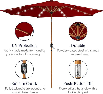 Best Choice Products 10ft Solar Market Patio Umbrella w/Woodgrain Pattern Pole, LED Lights, Tilt & Crank – Outdoor Sun Shade for Backyard Table, Deck, Poolside – Red