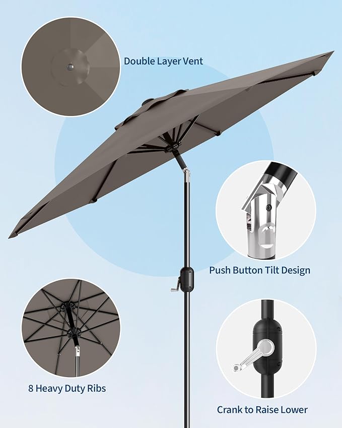 9FT Patio Umbrella Outdoor, Market Umbrella, Table Umbrella with Push Button Tilt and Crank, 8 Sturdy Ribs UV Protection Waterproof for Garden, Pool, Deck, Backyard (Taupe)