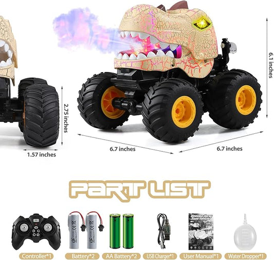 DYODYORC Remote Control Car, 2.4Ghz All Terrain Dinosaur Monster Truck Toys, RC Truck with Spay, Music, 3 Lighting Effects, Stunt Capable, Toy Gifts for Boys and Girls (Yellow)